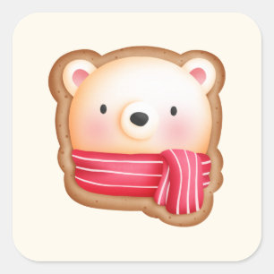 Cute Bear Ansikte i en Red Scarf-julkaka Fyrkantigt Klistermärke