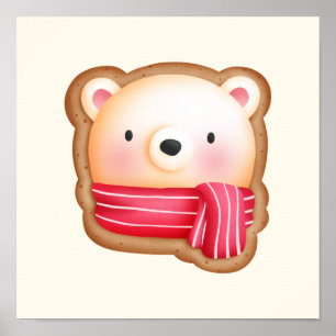 Cute Bear Ansikte i en Red Scarf-julkaka Poster