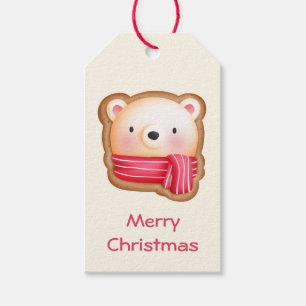 Cute Bear Ansikte i en Red Scarf-julkaka Presentetikett