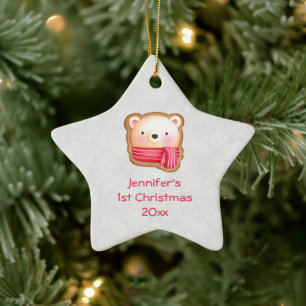 Cute Bear Ansikte i Red Scarf 1:a jul Julgransprydnad Keramik
