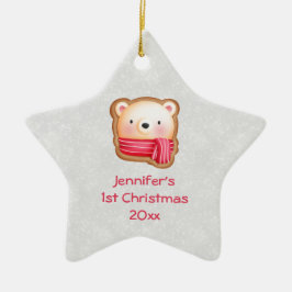 Cute Bear Ansikte i Red Scarf 1:a jul Julgransprydnad Keramik