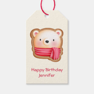 Cute Bear Ansikte i Red Scarf Birthday Cookie Presentetikett