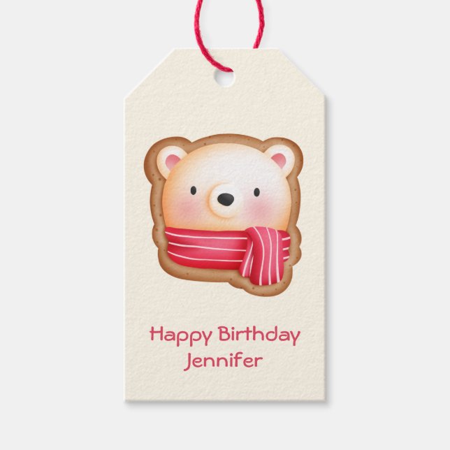 Cute Bear Ansikte i Red Scarf Birthday Cookie Presentetikett (Framsidan)