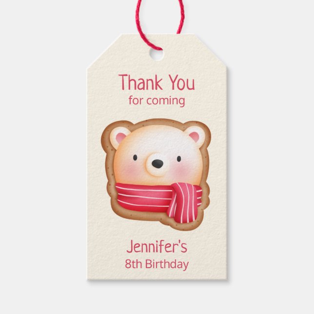Cute Bear Ansikte i Red Scarf Birthday Tack Presentetikett (Framsidan)