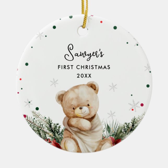 Cute Bear Baby första jul Julgransprydnad Keramik (Framsidan)
