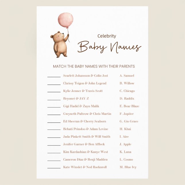 Cute Bear Balloon Baby Shower Celebrity Names Game Flygblad (Skapare uppladdad)