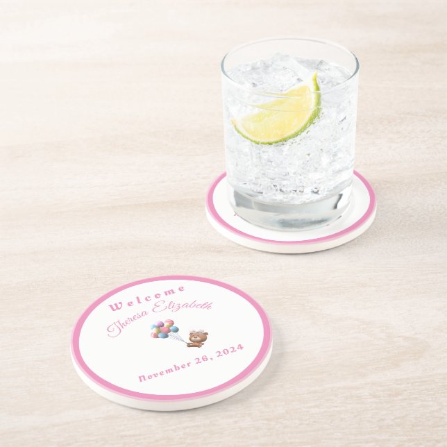 Cute Bear & Balloons Girl Sandstone Underlägg (Sidan)