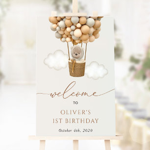 Cute Bear, Beige Balloons, första födelsedag Välko Poster
