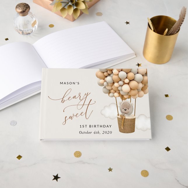 Cute Bear, Beige Balloons, första födelsedagen Gästböcker (Framsida öppen)