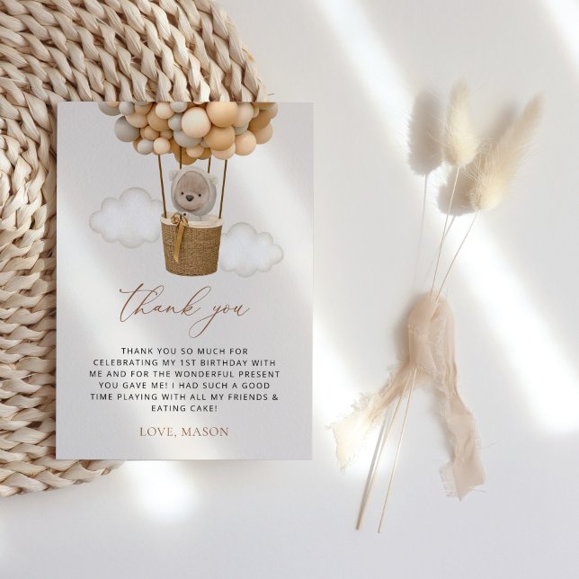 Cute Bear, Beige Balloons, första födelsedagen Tack Kort (Skapare uppladdad)