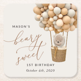 Cute Bear, Beige Balloons, första födelsedagen Underlägg Papper Kvadrat