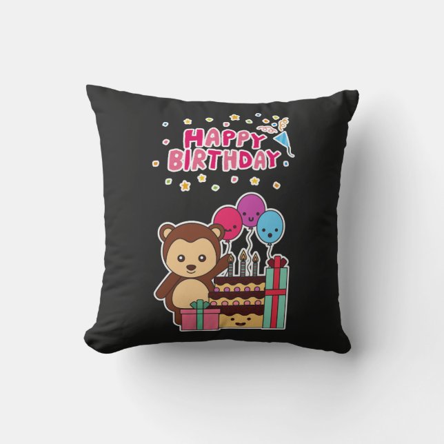 Cute Bear Birthday Celebration - Adorable Cartoon  Kudde (Framsida)