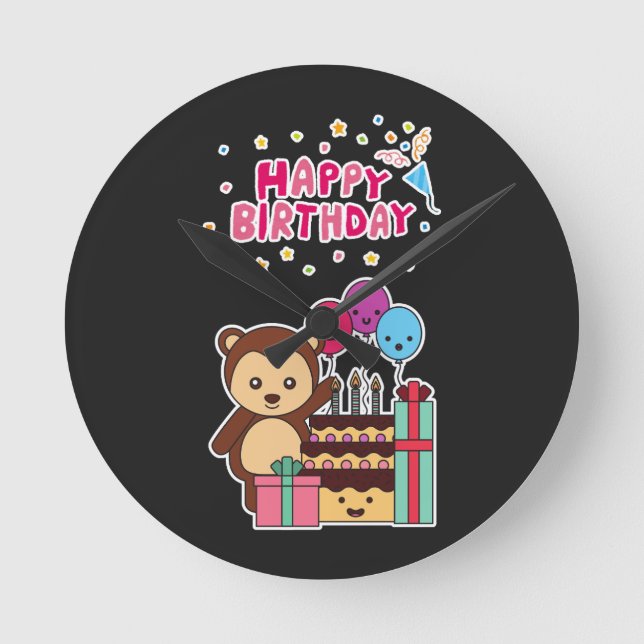 Cute Bear Birthday Celebration - Adorable Cartoon  Rund Klocka (Framsida)