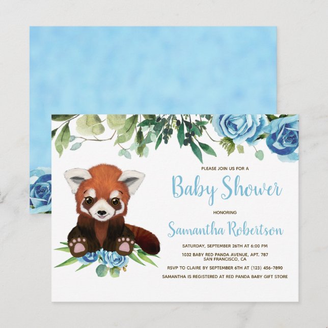 Cute Bear Blåa blommor Greenery Boy Shower Inbjudan Vykort (Fram/baksida)
