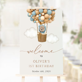 Cute Bear, Blue Balloes, First Birthday Welcome Poster