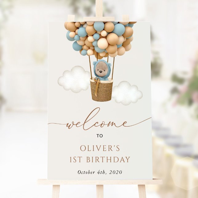 Cute Bear, Blue Balloes, First Birthday Welcome Poster (Skapare uppladdad)
