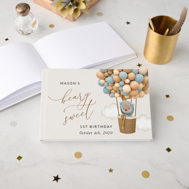 Cute Bear, Blue Balloes, första födelsedagen Gästböcker (Framsida öppen)