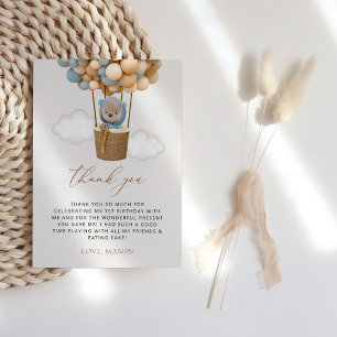 Cute Bear, Blue Balloes, första födelsedagen Tack Kort