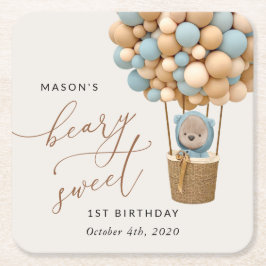 Cute Bear, Blue Balloes, första födelsedagen Underlägg Papper Kvadrat