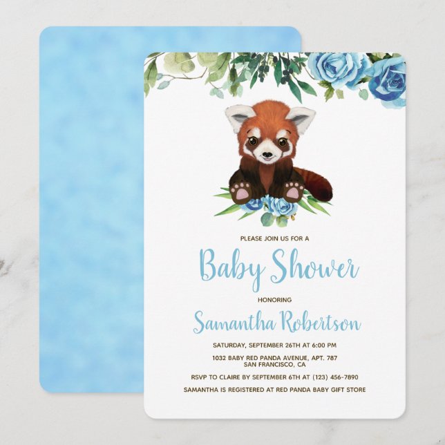 Cute Bear Blue Blommigt Greenery Boy Shower Inbjudningar (Fram/baksida)