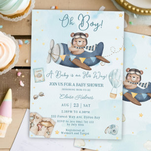 Cute Bear Blue Flygplan Äventyr Oh Boy Shower Inbjudningar