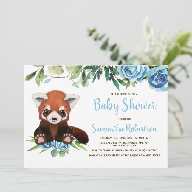 Cute Bear Blue Greenery Blommigt Boy Shower Inbjudningar (Stående Fram)