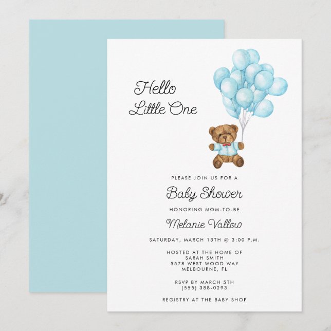 Cute Bear Boy Blue Baby Shower Invite Inbjudningar (Fram/baksida)