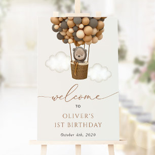Cute Bear, Brown Balloons, första födelsedag Välko Poster