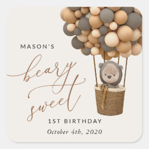 Cute Bear, Brown Balloons, första födelsedagen Fyrkantigt Klistermärke