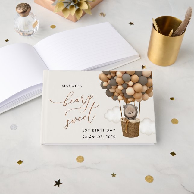 Cute Bear, Brown Balloons, första födelsedagen Gästböcker (Framsida öppen)