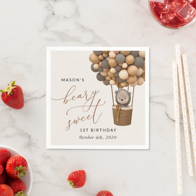 Cute Bear, Brown Balloons, första födelsedagen Pappersservett (Insitu)