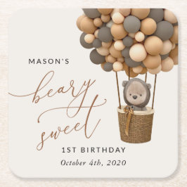 Cute Bear, Brown Balloons, första födelsedagen Underlägg Papper Kvadrat