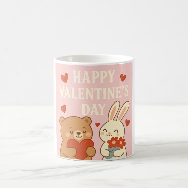 Cute Bear & Bunny Valentine's Day Mug – Pink Heart Kaffemugg (Center)