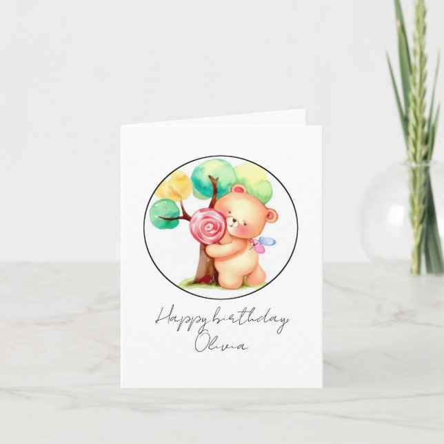 Cute Bear & Candy Children's Birthday Kort (Framsida)