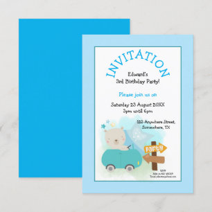 Cute Bear Car Boy 3:e födelsedag Party Blue Inbjudningar