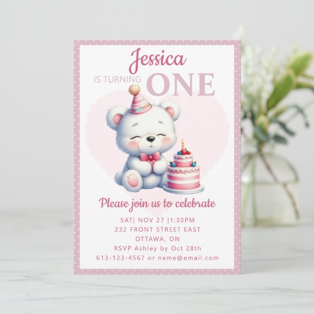 Cute Bear Children's 1st Birthday Inbjudningar (Stående Fram)