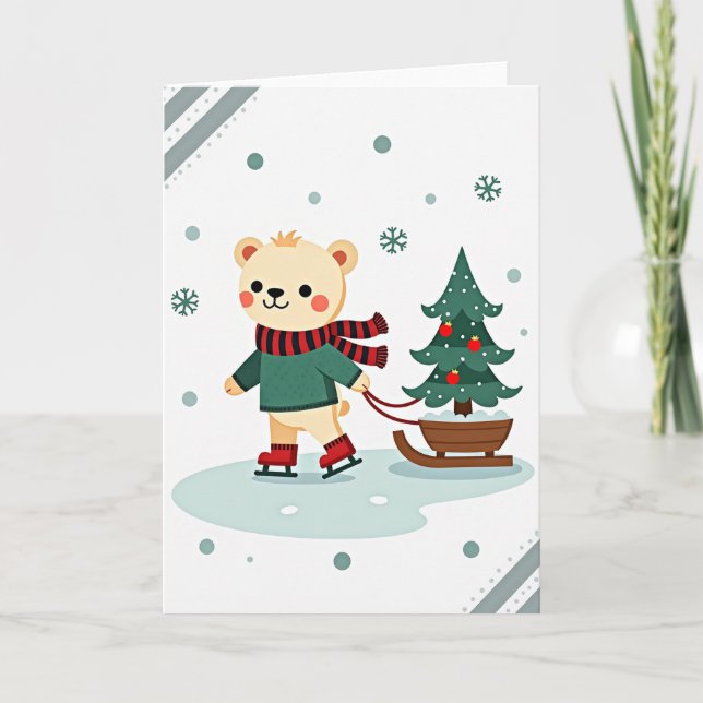 Cute Bear Christmas Ice Skating Card Kort (Framsida)