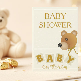 Cute Bear Cream & Gold Baby Shower Invitation Inbjudningar