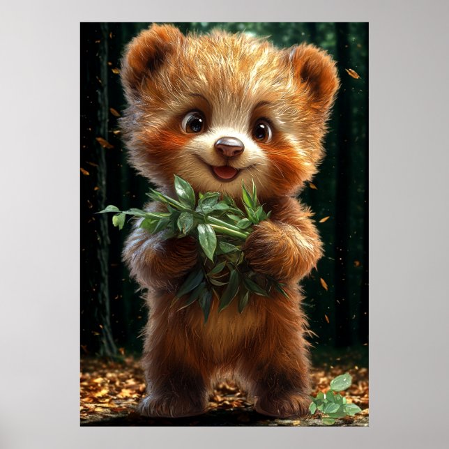 Cute Bear Cub with Greenery Poster (Framsidan)