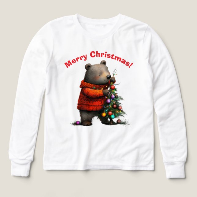 Cute Bear Decorating Christmas Tree Sweatshirt T Shirt (Design framsida)