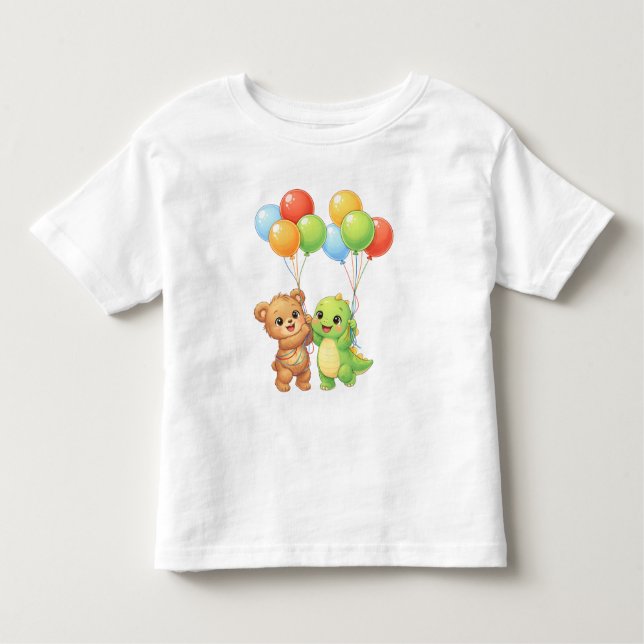 Cute Bear & Dino Balloon Toddler Birthday T-Shirt (Framsida)