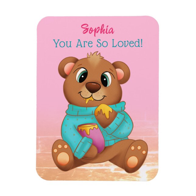Cute Bear Eating Honung, Barnets Namn/budskap, Ros Magnet (Vertikal)