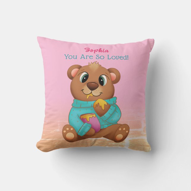 Cute Bear Eating Honung, Barnets Namn och budskap Kudde (Framsida)