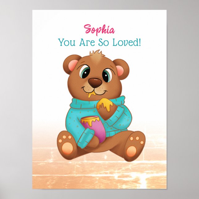 Cute Bear Eating Honung, Barnets Namn och budskap Poster (Framsidan)