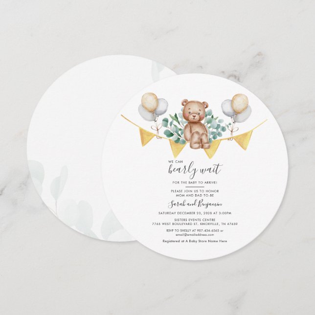 Cute Bear Eucalyptus Couple Baby Shower Botanical Inbjudningar (Fram/baksida)