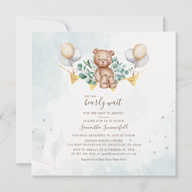 Cute Bear Eucalyptus Rustic Botanical Baby Shower Inbjudningar (Framsida)