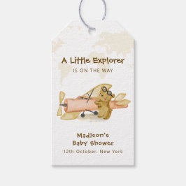Cute Bear Explorer World Map Airplane Baby Shower Presentetikett