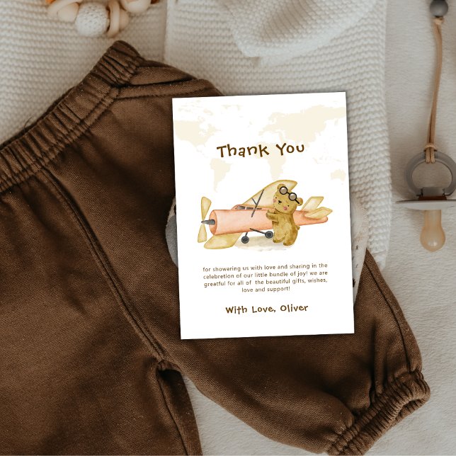 Cute Bear Explorer World Map Airplane Baby Shower  Tack Kort (Cute Bear Explorer World Map Airplane Baby Shower Thank You Card)