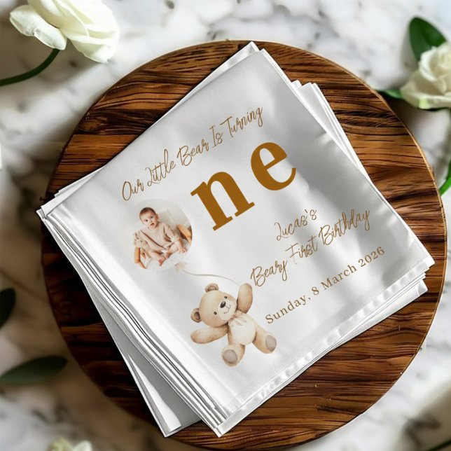 Cute Bear First Birthday Photo Party Napkins Pappersservett (Skapare uppladdad)