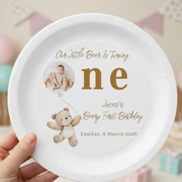 Cute Bear First Birthday Photo Party Paper Plates